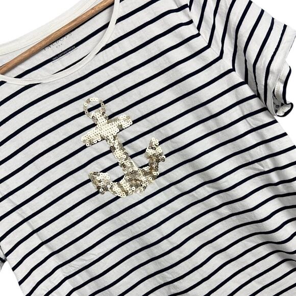 Talbots Women's L T-Shirt Top Striped Sequin Anchor Nautical Coastal Preppy Glam - Picture 1 of 10
